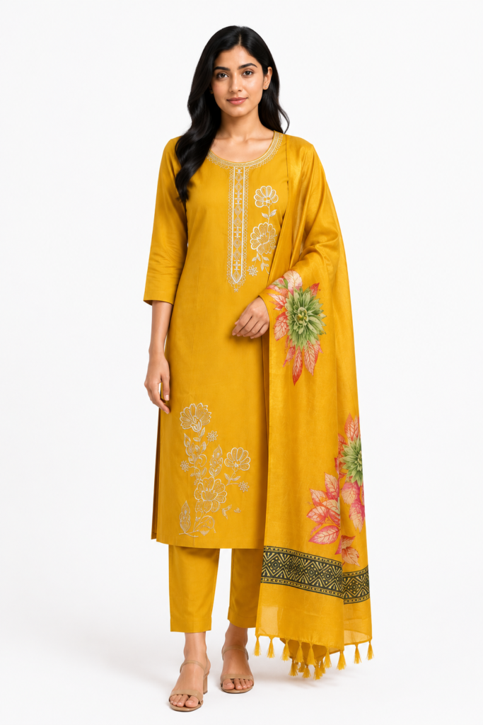Straight Kurta Pant Set With Printed Dupatta
