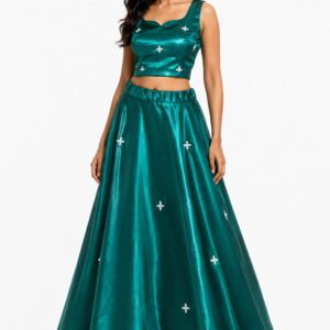 Shimmer Satin Crop Top And Flared Skirt Set