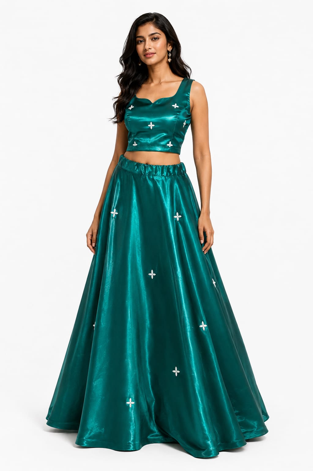 Shimmer Satin Crop Top And Flared Skirt Set