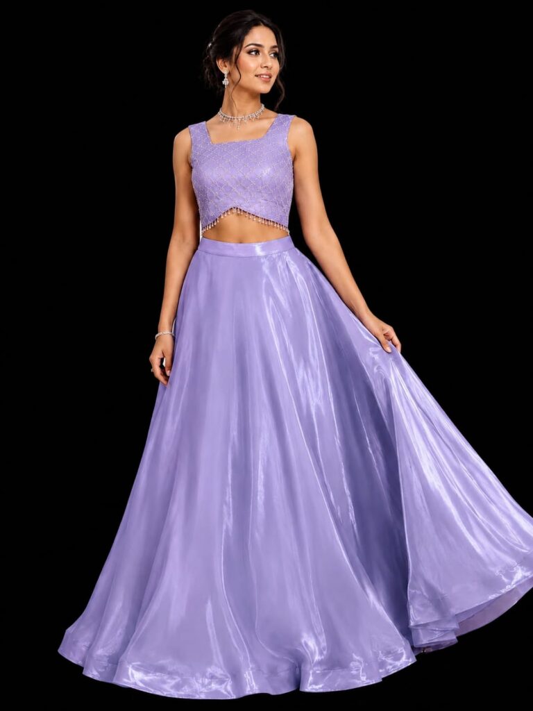 Shimmer Georgette Crop Top With Flared Skirt Set