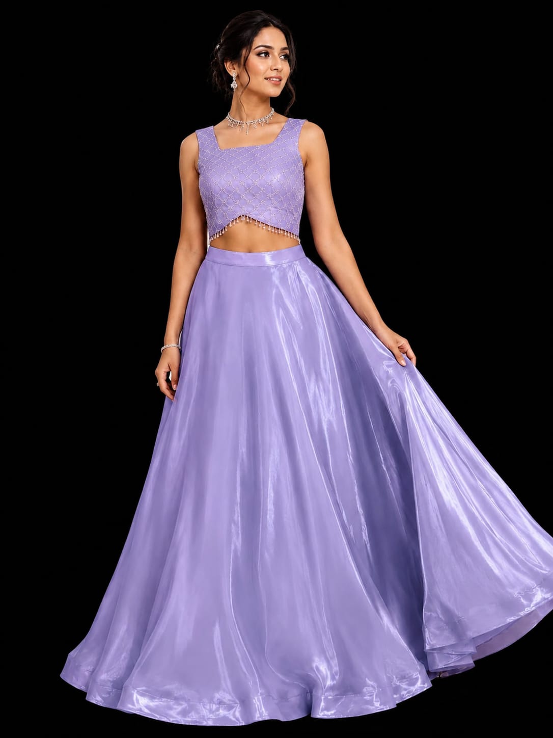 Shimmer Georgette Crop Top With Flared Skirt Set