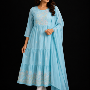 Embroidered Tiered Kurta Set With Dupatta