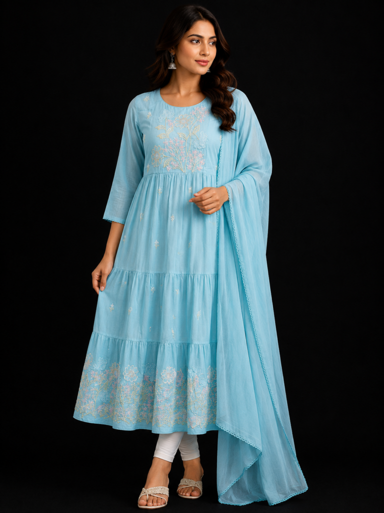 Embroidered Tiered Kurta Set With Dupatta