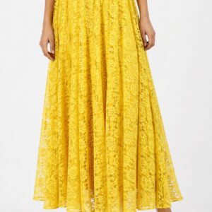 Yellow Floral Lace Flared Skirt