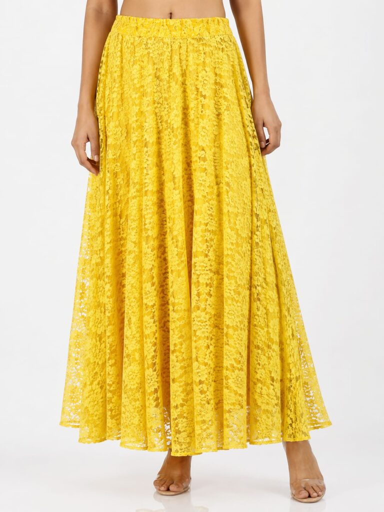 Yellow Floral Lace Flared Skirt