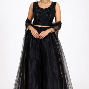 Stone Work Bodice Flared Skirt Set With Dupatta