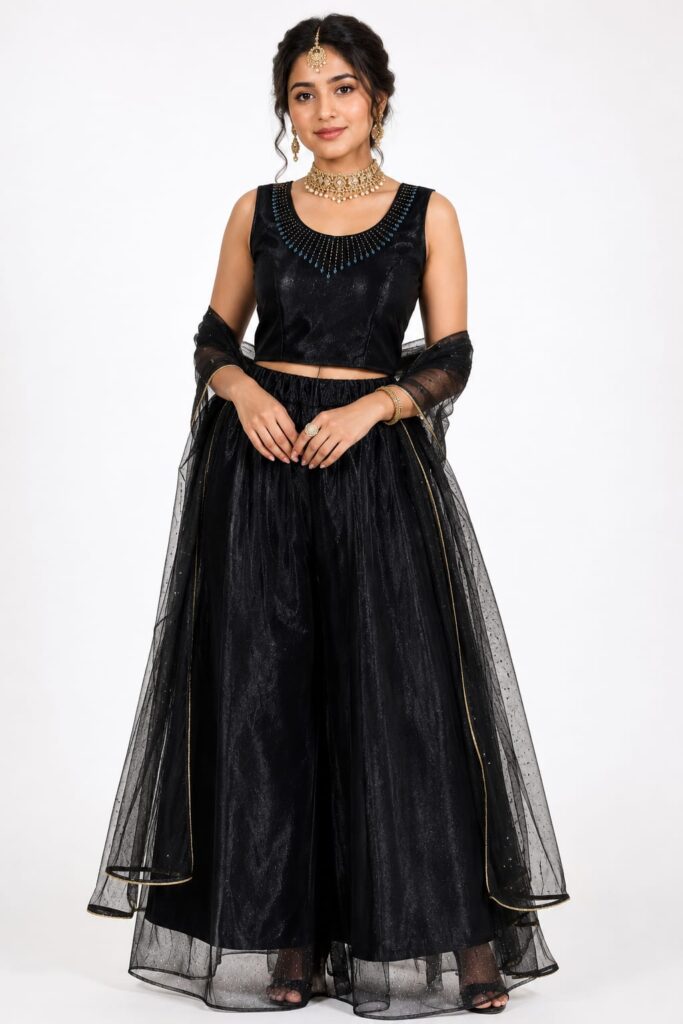 Stone Work Bodice Flared Skirt Set With Dupatta