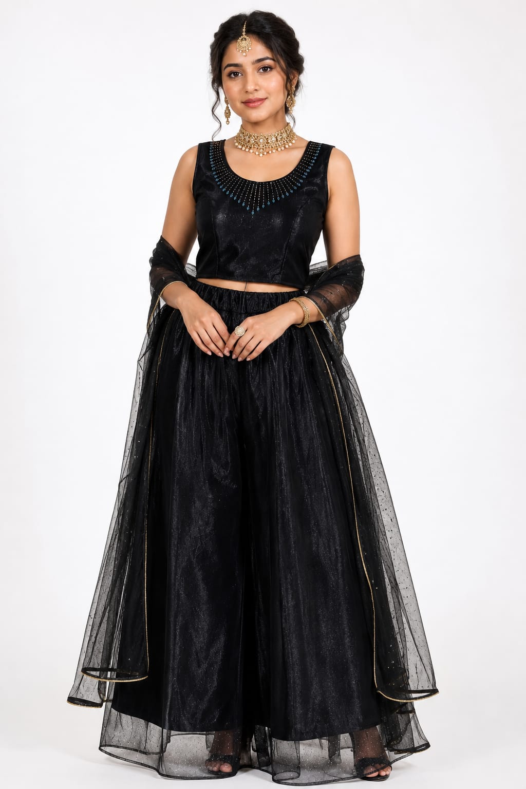 Stone Work Bodice Flared Skirt Set With Dupatta