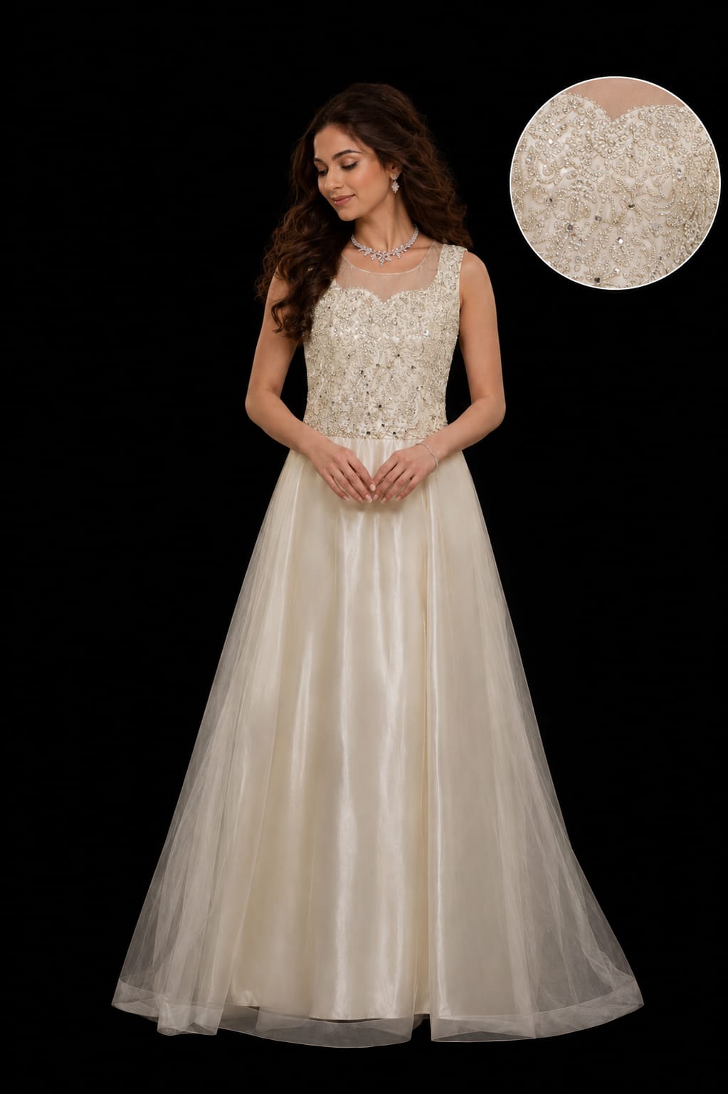 Sleeveless Illusion Neck Maxi Gown