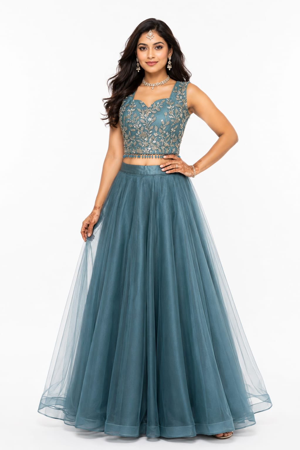 Embroidered Net Flared Gown Set