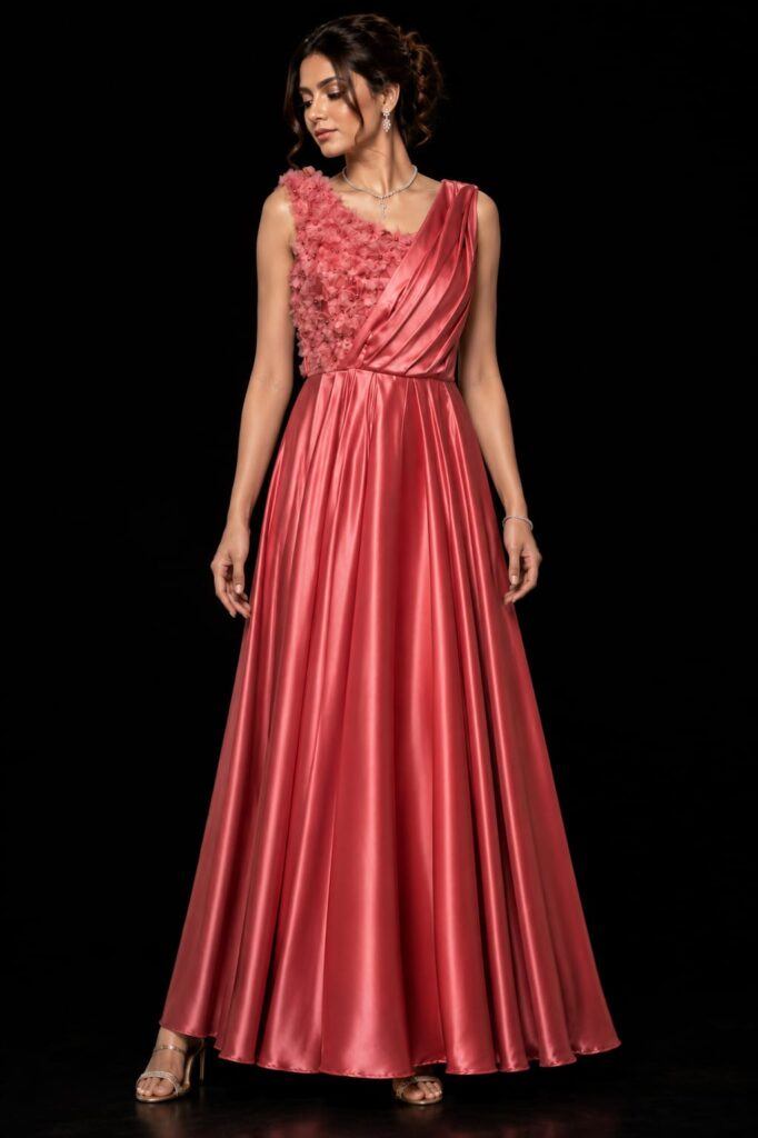 One Shoulder Draped Satin Gown