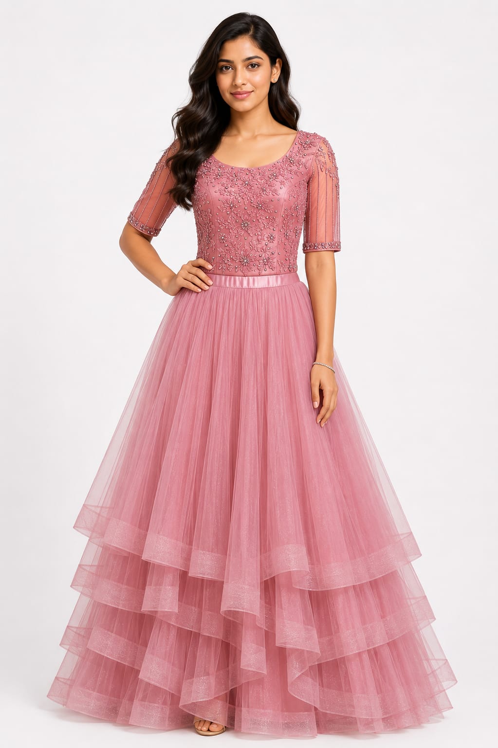 Embroidered A-Line Floor Length Gown