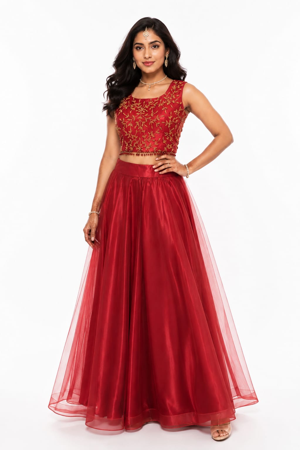 Embroidered Crop Top With Flared Skirt Set