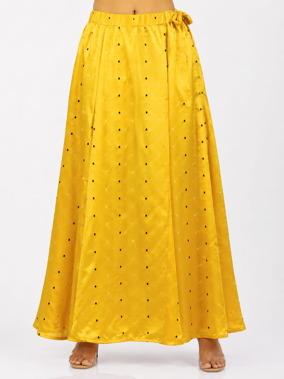 Mustard Dotted Satin Flared Skirt